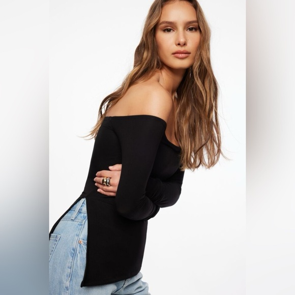 Dynamite Black Asymmetrical Long Sleeve Off Shoulder Top Large - Picture 6 of 6